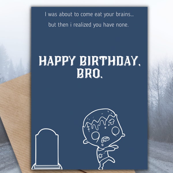 Happy Birthday Card Dark Blue Funny Zombie Teenage Boy Joke Brother Fun Cartoon Digital Print