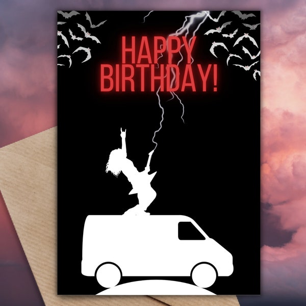 Happy Birthday Rocker Halloween Theme Horror Guitar Player Neon Red Outline Modern Card Trendy Teen Digital Print