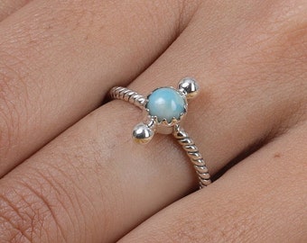 Larimar~925 Solid Sterling Silver Round Gemstone Ring~Minimalist Silver Ring~Gift For Her