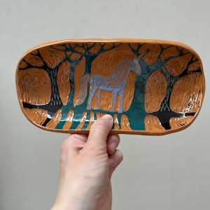 Unicorn Lover Gift  / Terracotta Plate With Magic Illustration / Unique Handmade OOAK Plate With Feet
