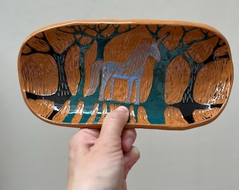 Unicorn Lover Gift  / Terracotta Plate With Magic Illustration / Unique Handmade OOAK Plate With Feet