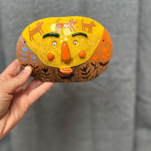 Colorful Ceramic Face With Tiny Houses / Wall Decor/ Illustrated Ceramic Art / Sgraffito Ceramic Wall Mask / Original Living Room Art OOAK