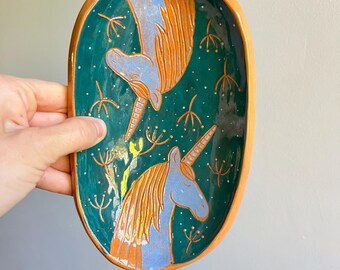 Footed Blue-Green Sgraffito Unicorn Pottery Plate  / Terracotta Dish With Blue Unicorns / Unique Handbuilt Footed Ceramic Plate