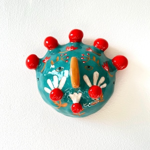 Colorful Small Ceramic Wall Mask, Handpainted and Handmade Original Sgraffito Art, Unique Living Room Art, Original Artisan Gift OOAK