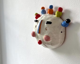 MADE TO ORDER: Ceramic Wall Art For Hallway / Colorful Pottery Mask / Handmade Sgraffito Ceramic Art / Handbuilt Pottery Wall Mask