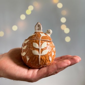 Può includere: Un piccolo vaso in ceramica con un coperchio a forma di casa e un design a forma di lumaca. Il vaso è decorato con foglie bianche su uno sfondo marrone.