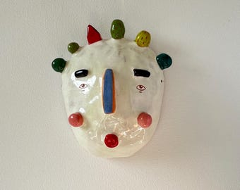 Whimsical Ceramic Wall Art / Colorful Wall Art / Handmade Sgraffito Ceramic Art / Handbuilt Pottery Wall Mask / Cottage Core Decoration