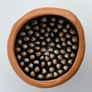 Può includere: Una piccola ciotola in terracotta con un motivo a pois neri e bianchi. La ciotola è fatta a mano e ha un aspetto rustico e terroso.