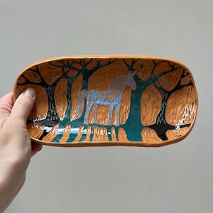 Footed Ceramic Plate  / Terracotta Dish With Unicorn and Trees / Unique Handmade OOAK Plate With Feet