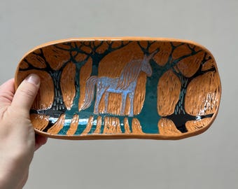 Footed Ceramic Plate  / Terracotta Dish With Unicorn and Trees / Unique Handmade OOAK Plate With Feet