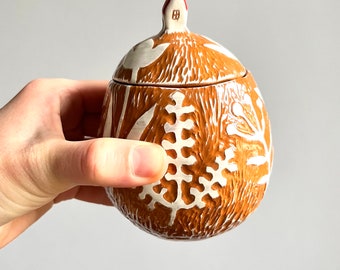 Sweets Storage Terracotta Box With White Flowers and A Tiny House; Round Candy Storage Box; Sgraffito Pottery Box; Ceramic Box With Lid