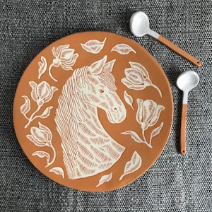 Sgraffito Pottery Plate With White Horse / Sgraffito Ceramic Platter / Terracotta Serving Dish / Gift for Horse Lover / Handmade Mother Gift