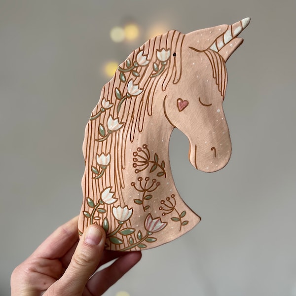 Ceramic Unicorn Wall Decor, Handpainted and Handmade Original Pink Unicorn Art, Sgraffito Unicorn, Unique Wall Art, Original Artisan Gift