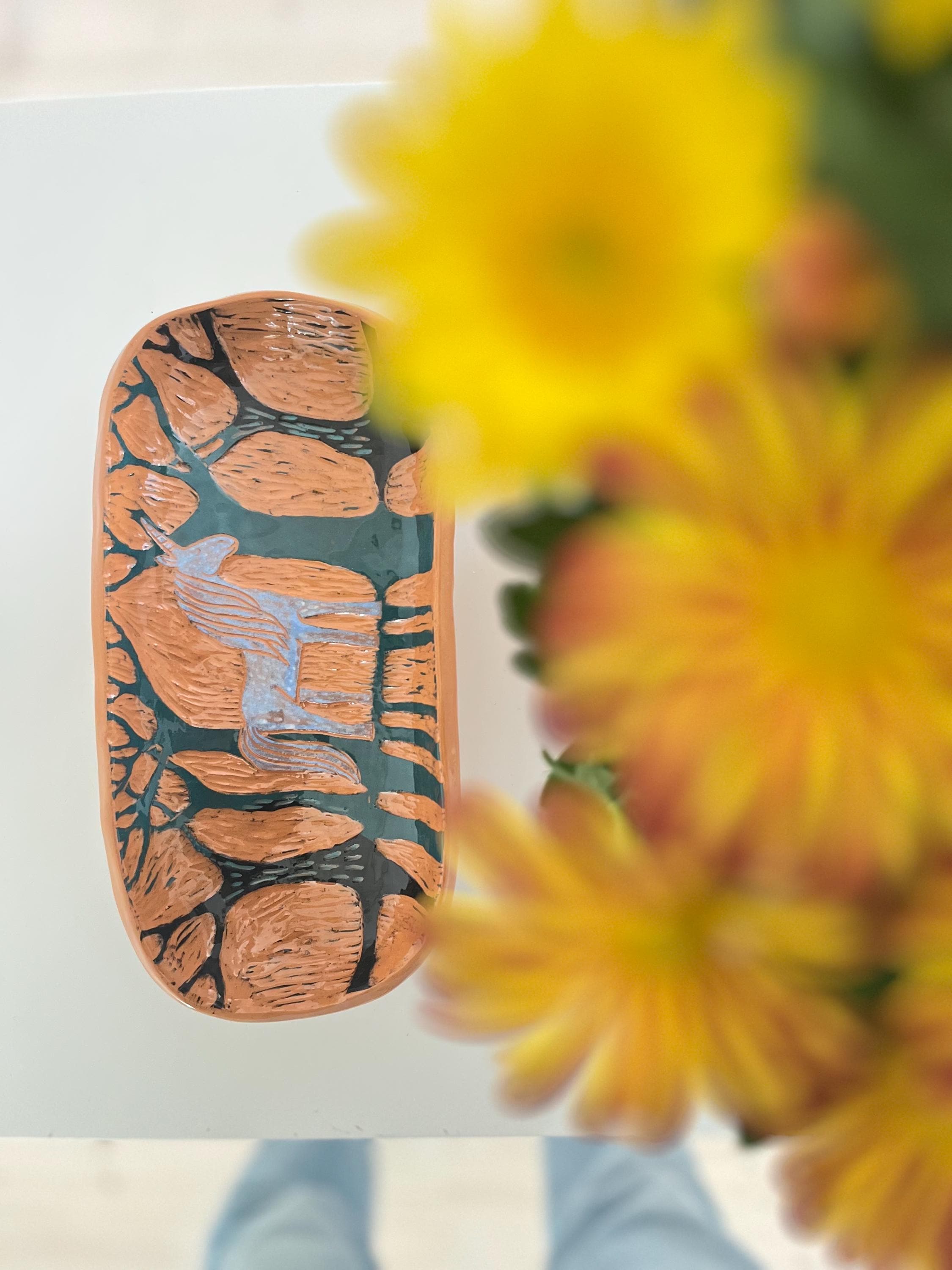 Footed Sgraffito Pottery Plate  / Terracotta Dish With Unicorn and Trees / Unique Handbuilt Footed Ceramic Plate