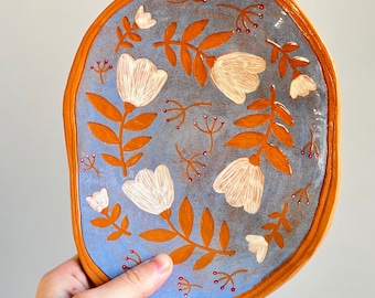 MADE TO ORDER: Light Blue Sgraffito Pottery Plate  / Terracotta Dish With White Flowers / Unique Handbuilt Footed Ceramic Plater