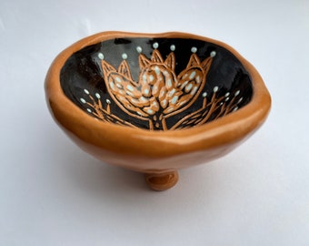 Footed Black Sgraffito Ceramic Salt Bowl /  Salt Cellar With Carved Flower / Handmade Sgraffito Ceramic Nature Lover Gift