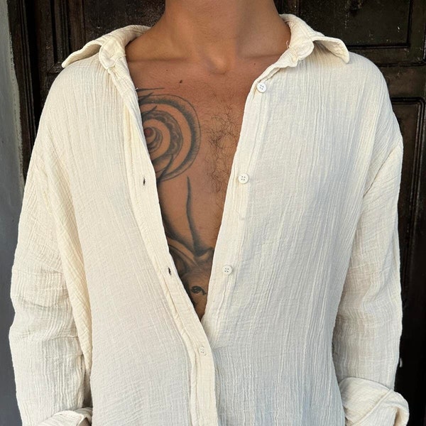 Boho Man Cotton Shirt,Long Sleeve Shirt,Oversize Loose Shirt,Oxford Shirt,Cotton Casual Shirt,Plus Size,Beach Man Natural Shirt,T-shirt Man