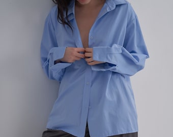 Blue Cotton Satin Shirt Women Comfortable loose fit,Basic Shirts Women,Oversized Casual Shirt,Unisex Shirt,Long Sleeve Shirt,Custom Shirt,