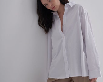 Chemise en coton blanche pour femme, Coupe ample confortable, Chemises basiques pour femme, Chemise décontractée oversize, Chemise unisexe, Chemise à manches longues, Chemise personnalisée,