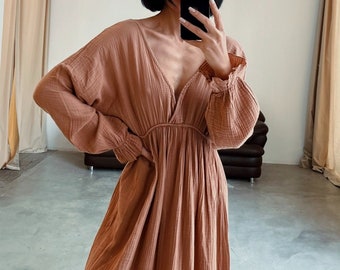 Cotton Boho Maxi Dress: Deep V-Neck,Beach Outfit,Casual,maternity photos,Flowy Loose,Cotatgecore