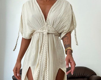 Knit Belt Deep V-Neck High Double Slit Boho Dress,Goddess Summer Dress,Cottagecore Dress,Maternity Dress,Grecian Modest Wedding Dress,Casual