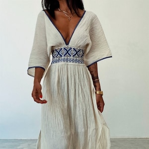 Besticktes Baumwoll Göttin Kleid: Schlitz Leinen Boho Hochzeit,Vintage,Gaze,griechische Hochzeit