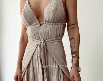 Conjunto de dos piezas de kimono y vestido de lino, boda simple nupcial boho, vestido con abertura sin espalda, vestido de diosa, vestido de verano, vestido maxi de lino boho, griego