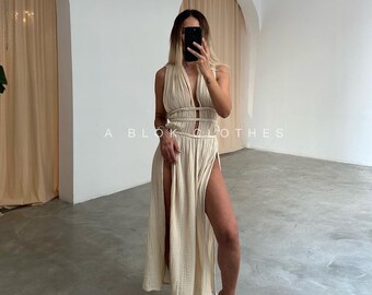 Robe caftan déesse, tenue de plage bohème, robe fendue haute, robe kimono de plage, robe bohème en lin, camouflage de plage, robe longue grecque, cadeau pour elle