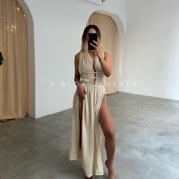 Goddess Caftan Dress,Boho Beach Wear,Deep High Slit Dress,Beach Kimono Dress,Boho Linen Dress,Beach Cover Up,Grecian Maxi Dress,Gift for Her