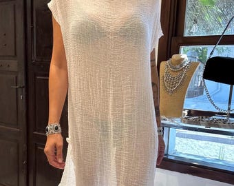 White Boho Linen Goddess Dress: Beach, Bali,Double High Slit,Flowing,Transparent, Vacation,Vintage