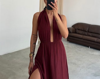 Vestido de diosa griega, vestido maxi sin espalda Cottagecore, vestido largo con abertura alta, vestido de verano boho, vestido de invitada de boda, vestido griego, regalo para ella