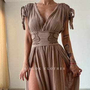 Goddess Costume,Medusa Dress,Cotton Low Cut Long,Goddess Dress,Grecian Summer Dress,Boho High slit Dress,Beach Dress,spiritual,snake design