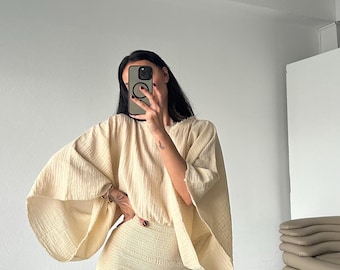 Cotton Long-sleeved draped top,short, fitted Skirt Dress:Boho Summer Outfit,Wedding Guest,party