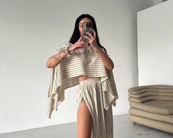 Boho Cotton Two Piece Set: High Slit Skirt, Long Sleeve Top, Flowing, Festival, Beach