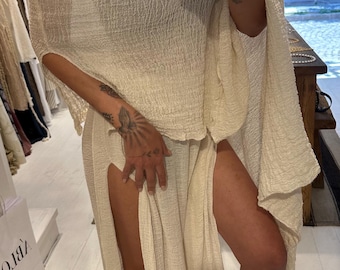 Boho Linen Pants Two Piece Set: Asymmetric Flowy, wide-leg trousers,Vacation,Sexy Beach Wear