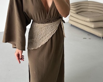 Boho Linen Greek Goddess Dress:High Slit,One Shoulder Long sleeve,Backless,Egyptian,