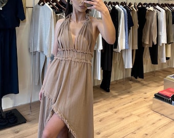 Vestido bohemio de lino estilo diosa griega: espalda descubierta, vestido para invitada a boda en la playa, cóctel, vacaciones en Egipto.