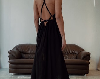 Boho High Slit Dress: Open Back,Grecian,Wedding Guest Dress,Greek Goddess,Organic Cotton