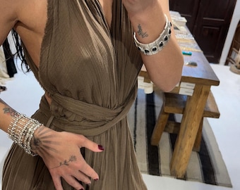 Boho Greek Goddess Dress:Tie-up, adjustable, Open Back, High Slit, Festival, Cleopatra,Summer Wedding