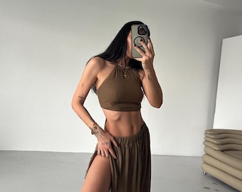 Linen High Slit Skirt and Crop Top Set, Two-Piece Summer Outfit,Beach Holiday