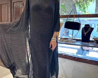 Boho Linen Goddess Dress: Double High Slit,Flowing,Transparent,Beach,Greek Medieval,vacation,Vintage
