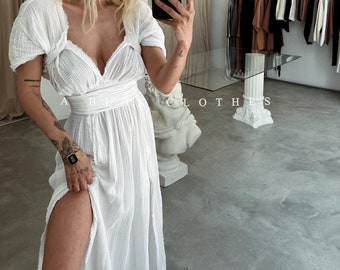 White Boho Dress,Wedding Guest Dress,Maxi Grecian Dress,Egyptian Dress,Roman Dress,Boho Cleopatra Dress,Slit Long Dress,Summer Long Dress,