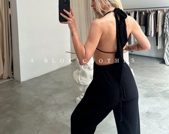 Boho biologische jumpsuit, backless jumpsuit jurk, Griekse jurk, zomerjurk, bruiloft gastjurk, festivaloutfit, boho zomerjurk, sexy jurk