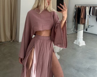 Traje de falda de doble hendidura, falda alta maxi, encubrimiento de traje de baño boho, conjunto superior de lino, hippie, conjunto de falda de dos piezas, traje rave, traje boho de playa, diosa