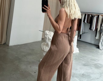 Boho biologische jumpsuit, backless jumpsuit jurk, Griekse jurk, zomerjurk, bruiloft gastjurk, festivaloutfit, boho zomerjurk, sexy jurk