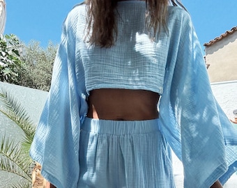 Cotton Two Piece Set: Wide Leg Pants, Crop Top,Summer Spring Suit