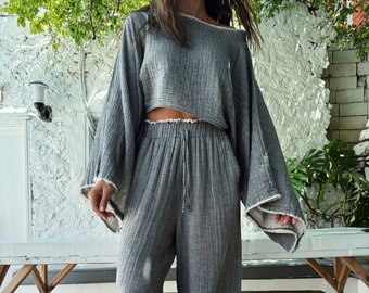 Anthracite Cotton Pants,Yoga Boho,Hippie Trousers,Wide Leg,Casual,Summer Fall Outfit