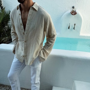 Boho Groom Shirt,Beach Wedding Shirt,Boho Cotton Shirt,Long Sleeve Oversize Loose Shirt,Oxford,Casual,Plus Size,Natural Shirt,T-shirt Man
