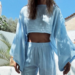 Blue Cotton Trouser Set,Two Piece Set,Yoga Outfit,Women Summer Clothing,Casual Set,Wide Leg Pants,Sustainable,Palazzo Pants,crop shirt,Beach