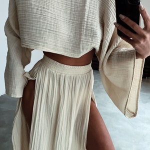 Tailleur jupe double fente, jupe longue, cache-maillot bohème, ensemble haut en lin, hippie, ensemble jupe deux pièces, tenue rave, tenue plage bohème, déesse Beige